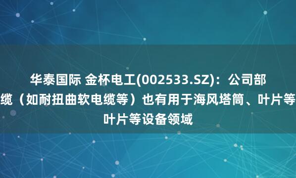 华泰国际 金杯电工(002533.SZ)：公司部分特种电缆（如耐扭曲软电缆等）也有用于海风塔筒、叶片等设备领域